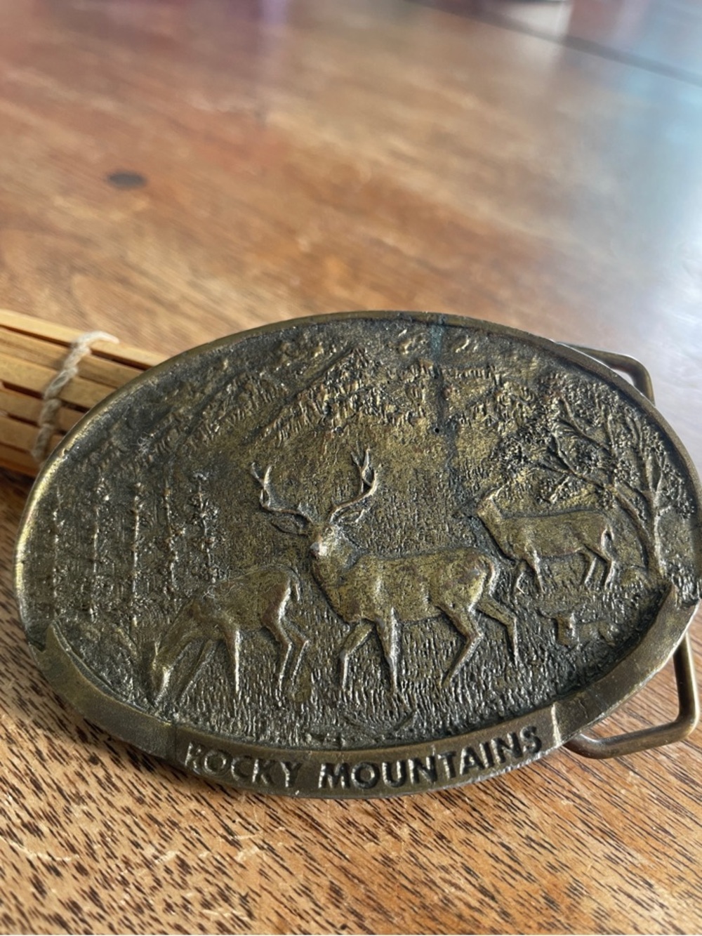 Vintage Rocky Mountains Brass Deer Belt Buckle - Bronze Finish